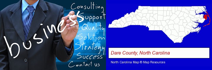 typical business services and concepts; Dare County, North Carolina highlighted in red on a map