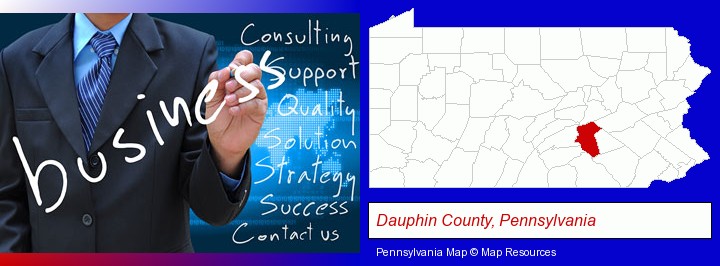 typical business services and concepts; Dauphin County, Pennsylvania highlighted in red on a map