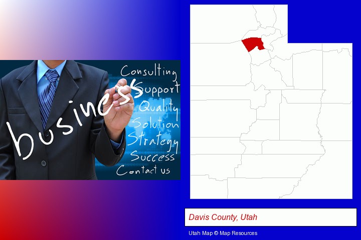 typical business services and concepts; Davis County, Utah highlighted in red on a map