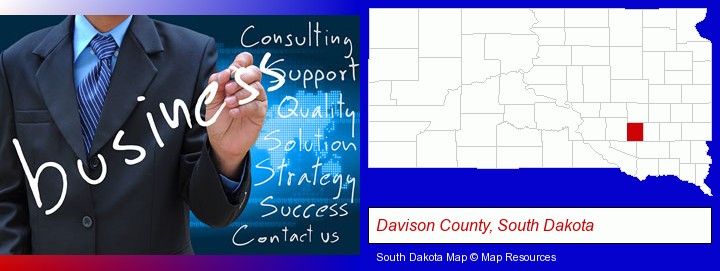 typical business services and concepts; Davison County, South Dakota highlighted in red on a map