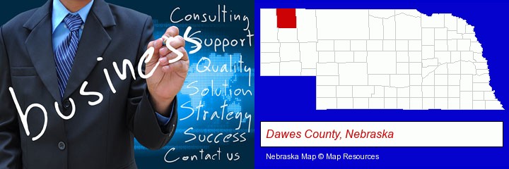 typical business services and concepts; Dawes County, Nebraska highlighted in red on a map