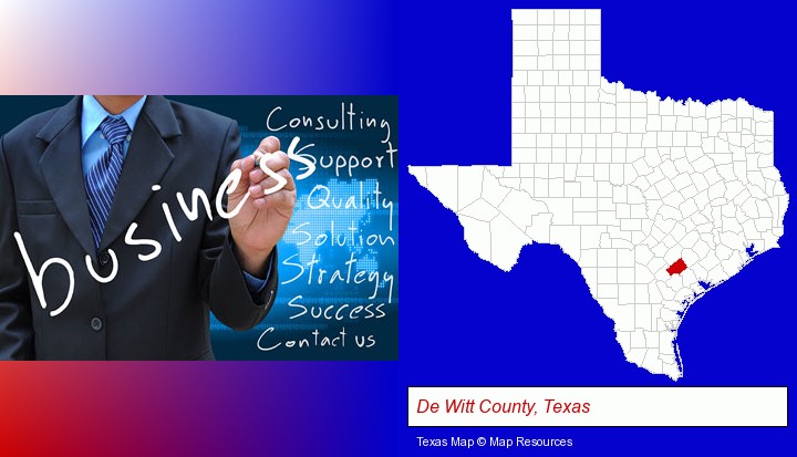 typical business services and concepts; De Witt County, Texas highlighted in red on a map