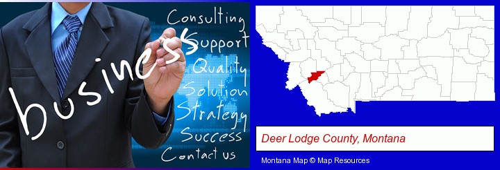 typical business services and concepts; Deer Lodge County, Montana highlighted in red on a map
