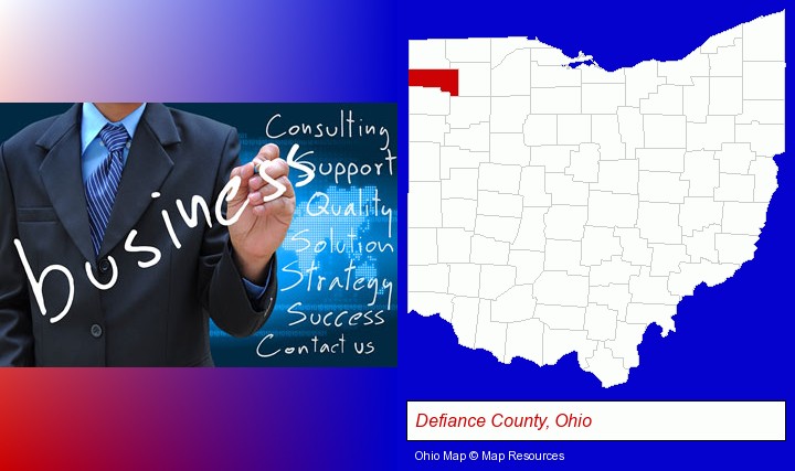 typical business services and concepts; Defiance County, Ohio highlighted in red on a map