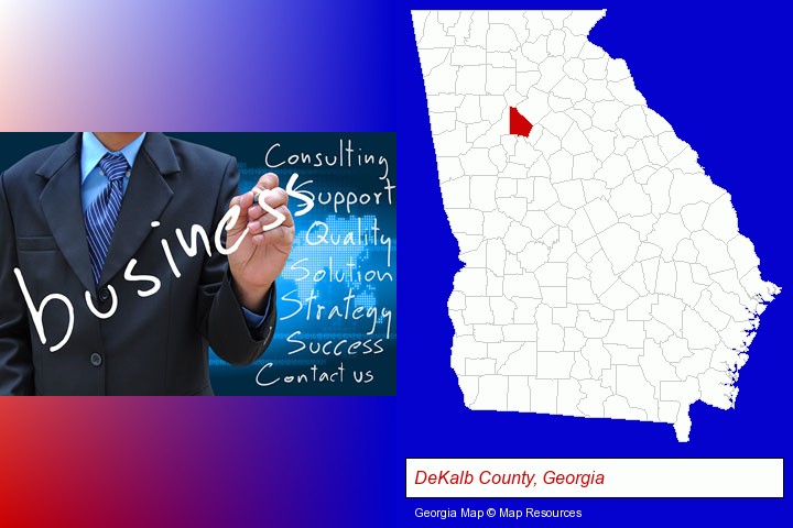 typical business services and concepts; DeKalb County, Georgia highlighted in red on a map