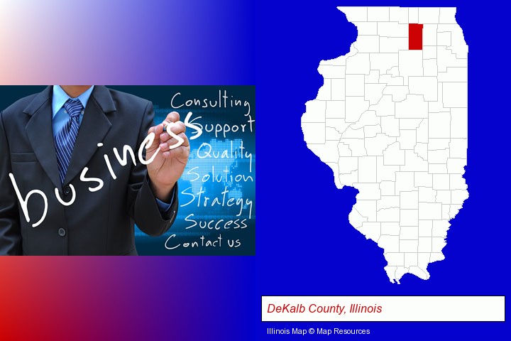 typical business services and concepts; DeKalb County, Illinois highlighted in red on a map