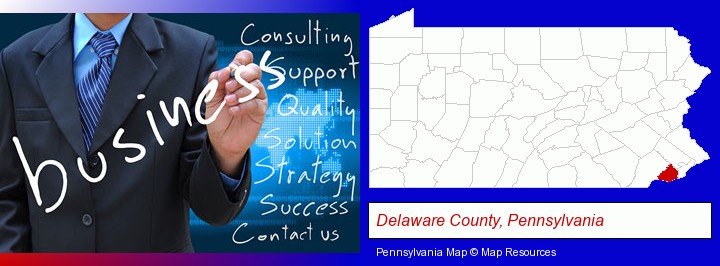 typical business services and concepts; Delaware County, Pennsylvania highlighted in red on a map