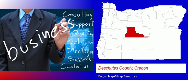 typical business services and concepts; Deschutes County, Oregon highlighted in red on a map