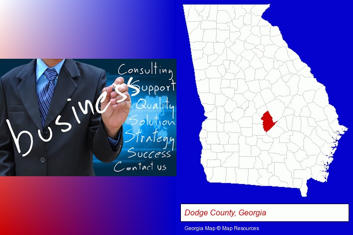 typical business services and concepts; Dodge County, Georgia highlighted in red on a map