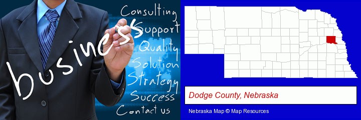 typical business services and concepts; Dodge County, Nebraska highlighted in red on a map