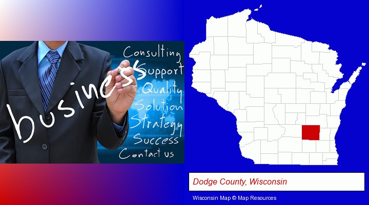 typical business services and concepts; Dodge County, Wisconsin highlighted in red on a map
