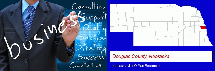 typical business services and concepts; Douglas County, Nebraska highlighted in red on a map