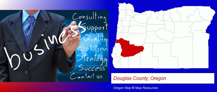 typical business services and concepts; Douglas County, Oregon highlighted in red on a map