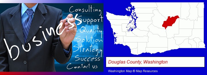 typical business services and concepts; Douglas County, Washington highlighted in red on a map