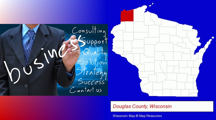 typical business services and concepts; Douglas County, Wisconsin highlighted in red on a map