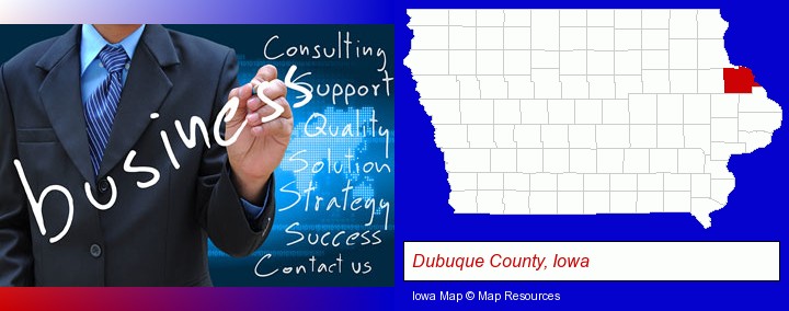 typical business services and concepts; Dubuque County, Iowa highlighted in red on a map
