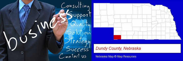 typical business services and concepts; Dundy County, Nebraska highlighted in red on a map