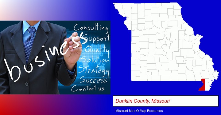 typical business services and concepts; Dunklin County, Missouri highlighted in red on a map