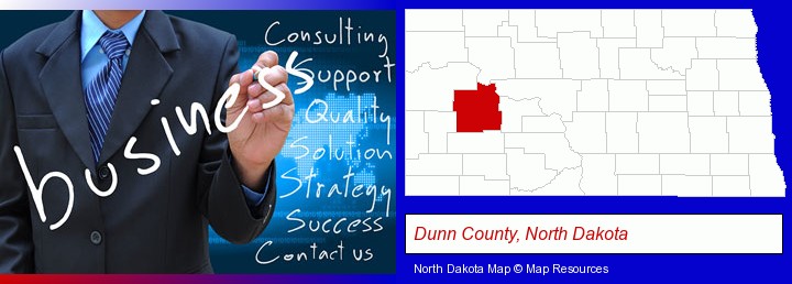 typical business services and concepts; Dunn County, North Dakota highlighted in red on a map