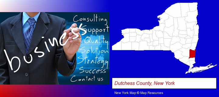 typical business services and concepts; Dutchess County, New York highlighted in red on a map