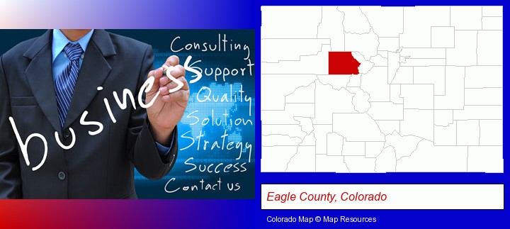 typical business services and concepts; Eagle County, Colorado highlighted in red on a map