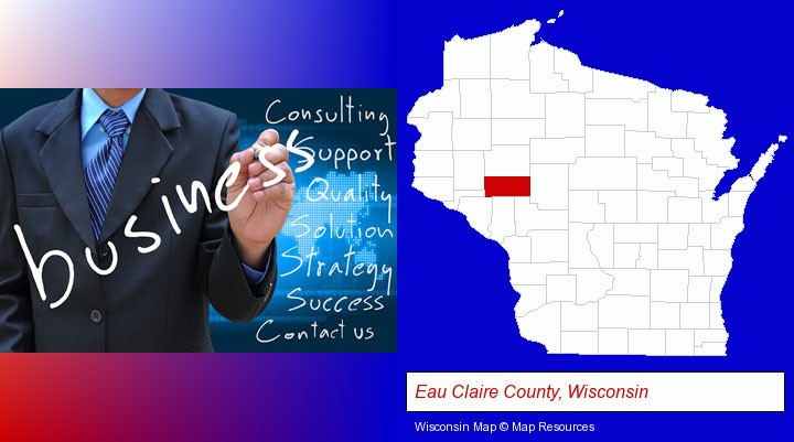 typical business services and concepts; Eau Claire County, Wisconsin highlighted in red on a map