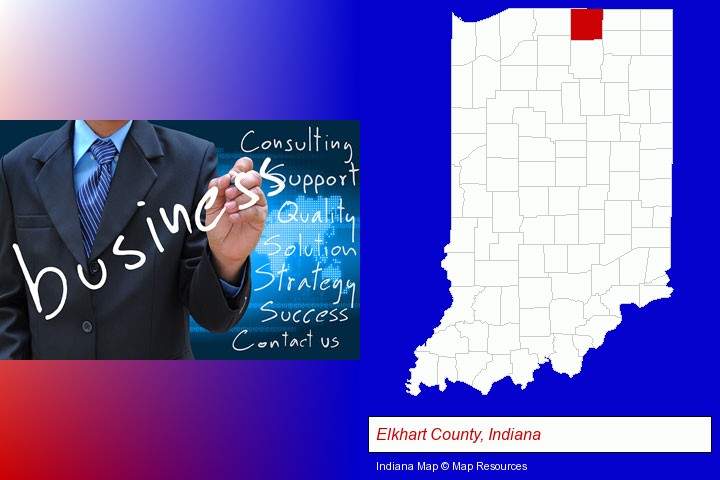 typical business services and concepts; Elkhart County, Indiana highlighted in red on a map