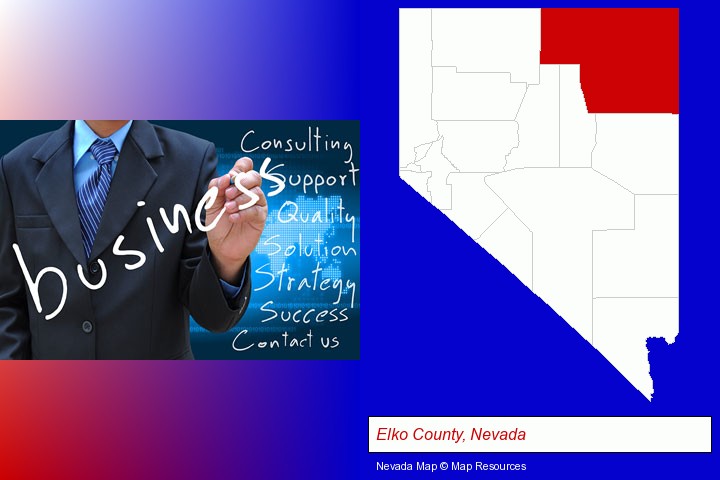 typical business services and concepts; Elko County, Nevada highlighted in red on a map