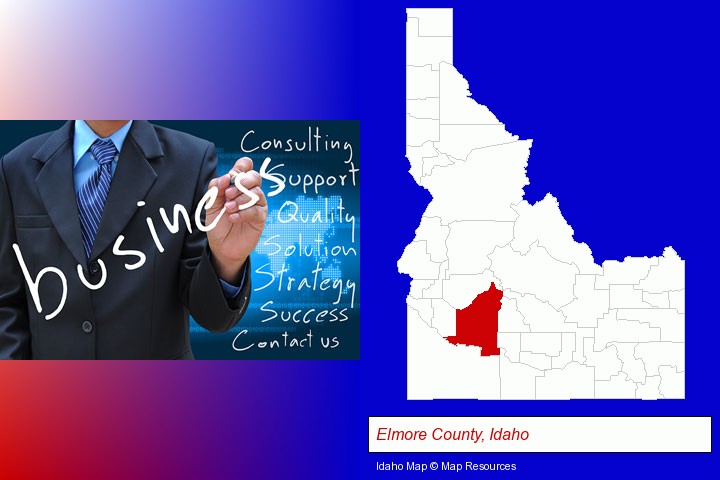 typical business services and concepts; Elmore County, Idaho highlighted in red on a map