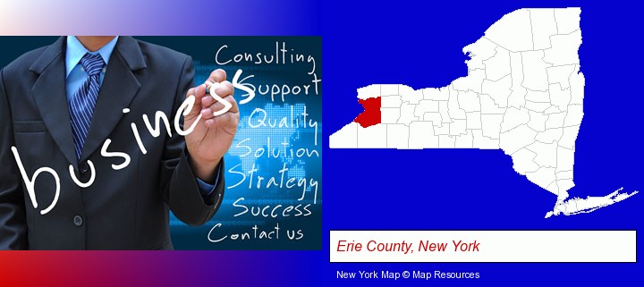 typical business services and concepts; Erie County, New York highlighted in red on a map