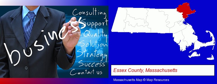 typical business services and concepts; Essex County, Massachusetts highlighted in red on a map