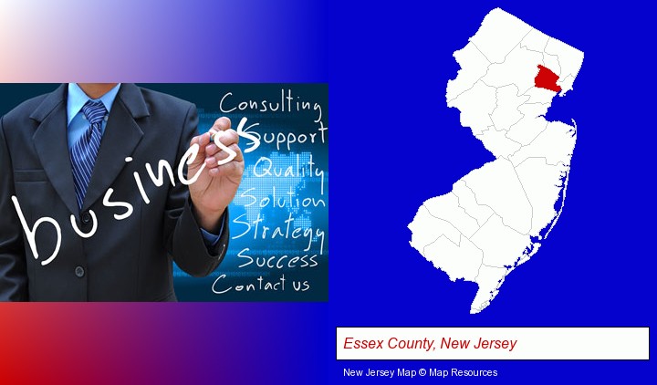 typical business services and concepts; Essex County, New Jersey highlighted in red on a map