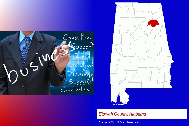 typical business services and concepts; Etowah County, Alabama highlighted in red on a map