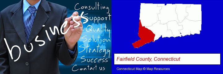 typical business services and concepts; Fairfield County, Connecticut highlighted in red on a map