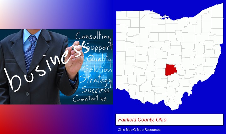 typical business services and concepts; Fairfield County, Ohio highlighted in red on a map
