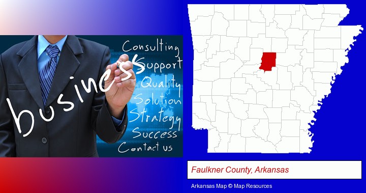 typical business services and concepts; Faulkner County, Arkansas highlighted in red on a map