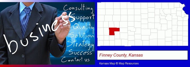 typical business services and concepts; Finney County, Kansas highlighted in red on a map