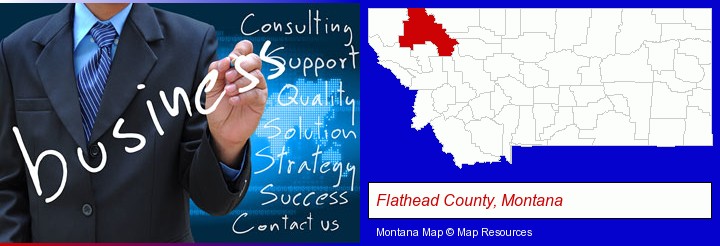 typical business services and concepts; Flathead County, Montana highlighted in red on a map
