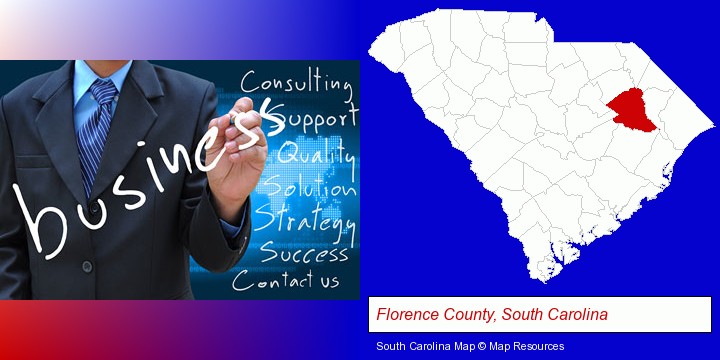 typical business services and concepts; Florence County, South Carolina highlighted in red on a map