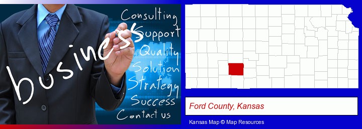 typical business services and concepts; Ford County, Kansas highlighted in red on a map
