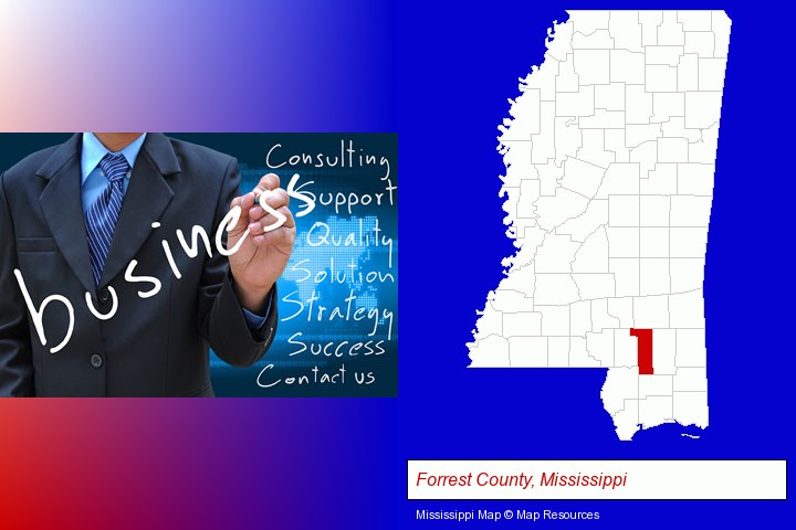 typical business services and concepts; Forrest County, Mississippi highlighted in red on a map