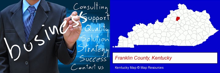 typical business services and concepts; Franklin County, Kentucky highlighted in red on a map