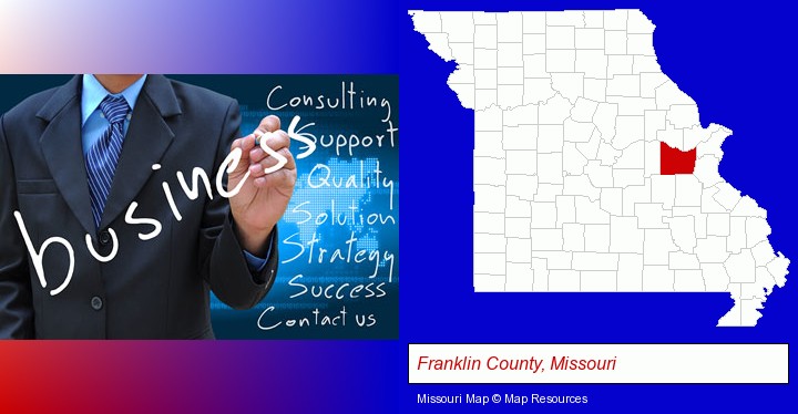 typical business services and concepts; Franklin County, Missouri highlighted in red on a map