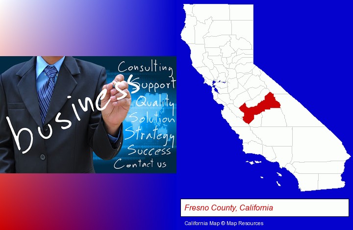 typical business services and concepts; Fresno County, California highlighted in red on a map