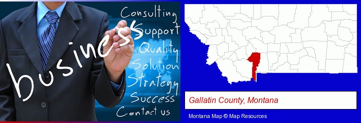 typical business services and concepts; Gallatin County, Montana highlighted in red on a map