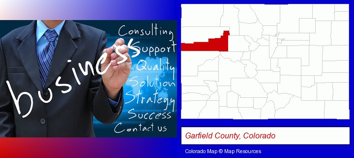 typical business services and concepts; Garfield County, Colorado highlighted in red on a map