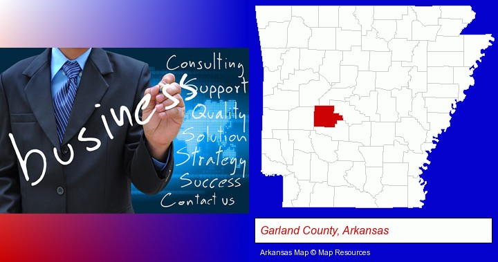 typical business services and concepts; Garland County, Arkansas highlighted in red on a map
