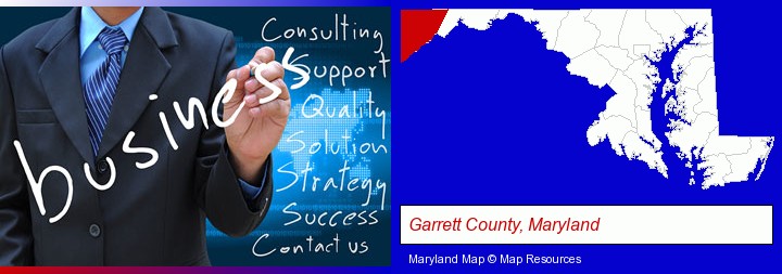 typical business services and concepts; Garrett County, Maryland highlighted in red on a map