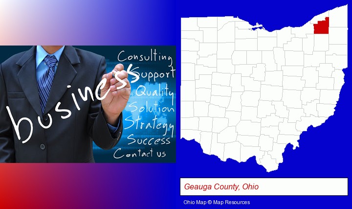 typical business services and concepts; Geauga County, Ohio highlighted in red on a map