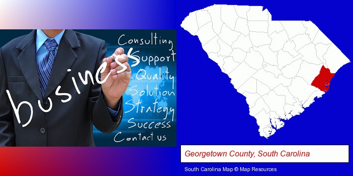 typical business services and concepts; Georgetown County, South Carolina highlighted in red on a map